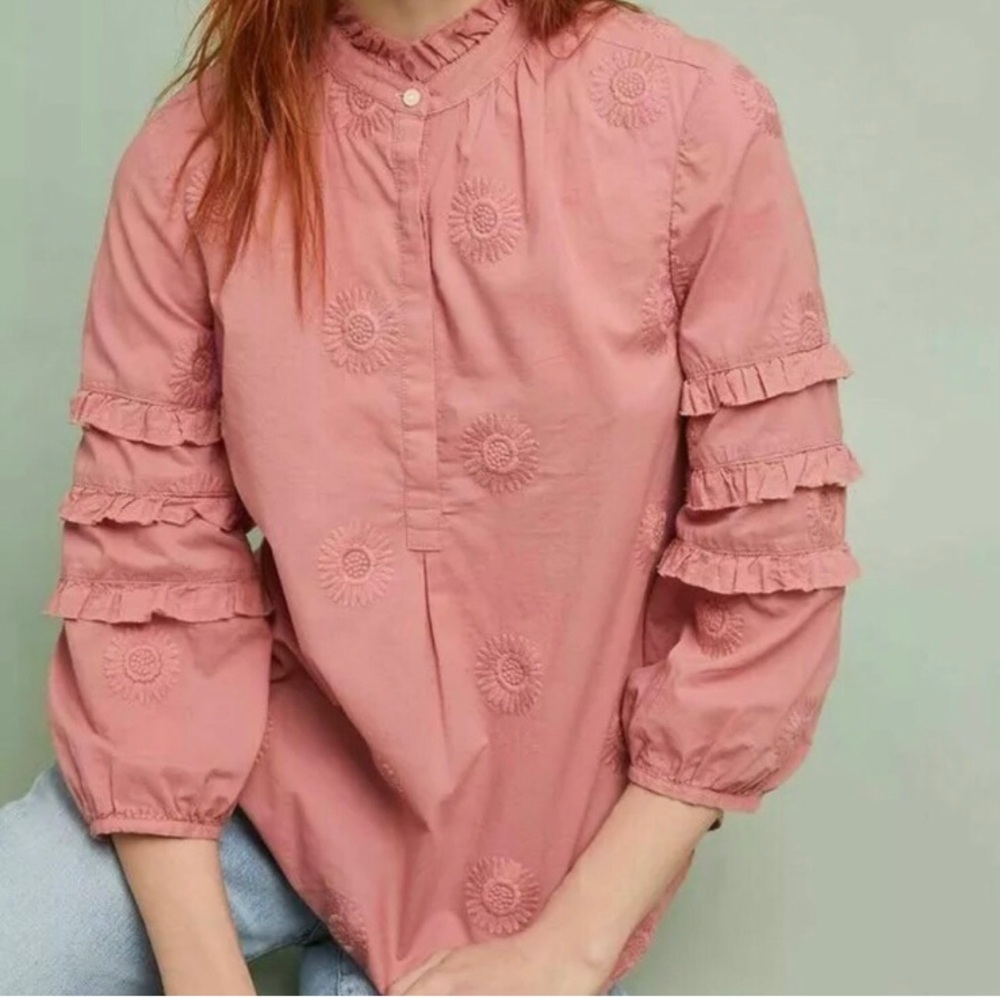 Isabella Sinclair Anthropologie Sunflower Embroidered Henley Blouse Dust Mauve M